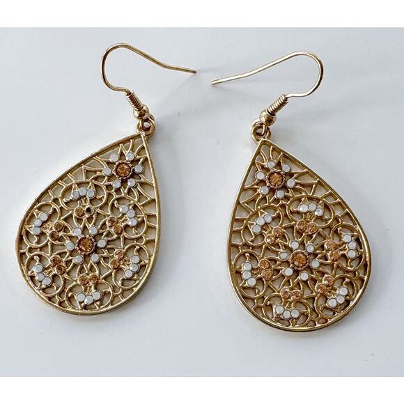 Francesca's Earrings Gold Tone Filigree Rhinestone Teardrop Fish Hook Dangle - Picture 2 of 3